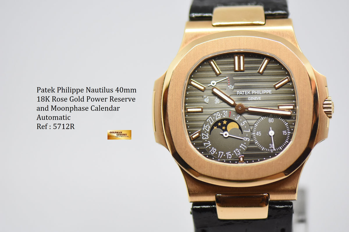 [SOLD] PATEK PHILIPPE NAUTILUS 18K ROSE GOLD IN LEATHER STRAP POWER RESERVE MOONPHASE 5712R (MINT)