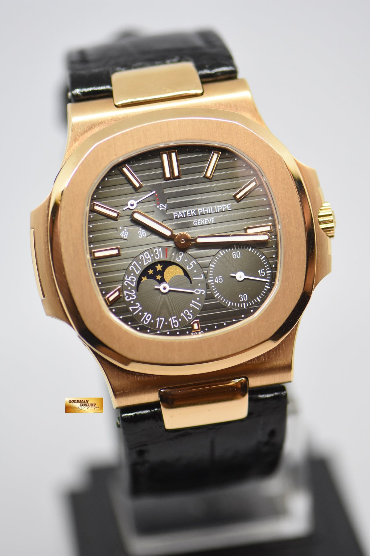 [SOLD] PATEK PHILIPPE NAUTILUS 18K ROSE GOLD IN LEATHER STRAP POWER RESERVE MOONPHASE 5712R (MINT)