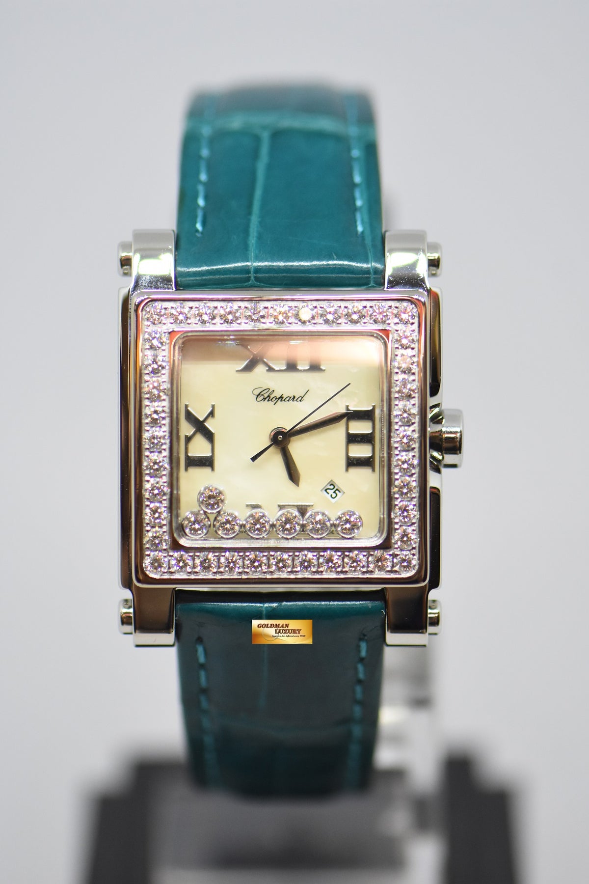 [SOLD] CHOPARD HAPPY SPORTS ORIGINAL DIAMONDS MOP DIAL LADIES STEEL IN LEATHER STRAP QUARTZ 27/8504 (MINT)