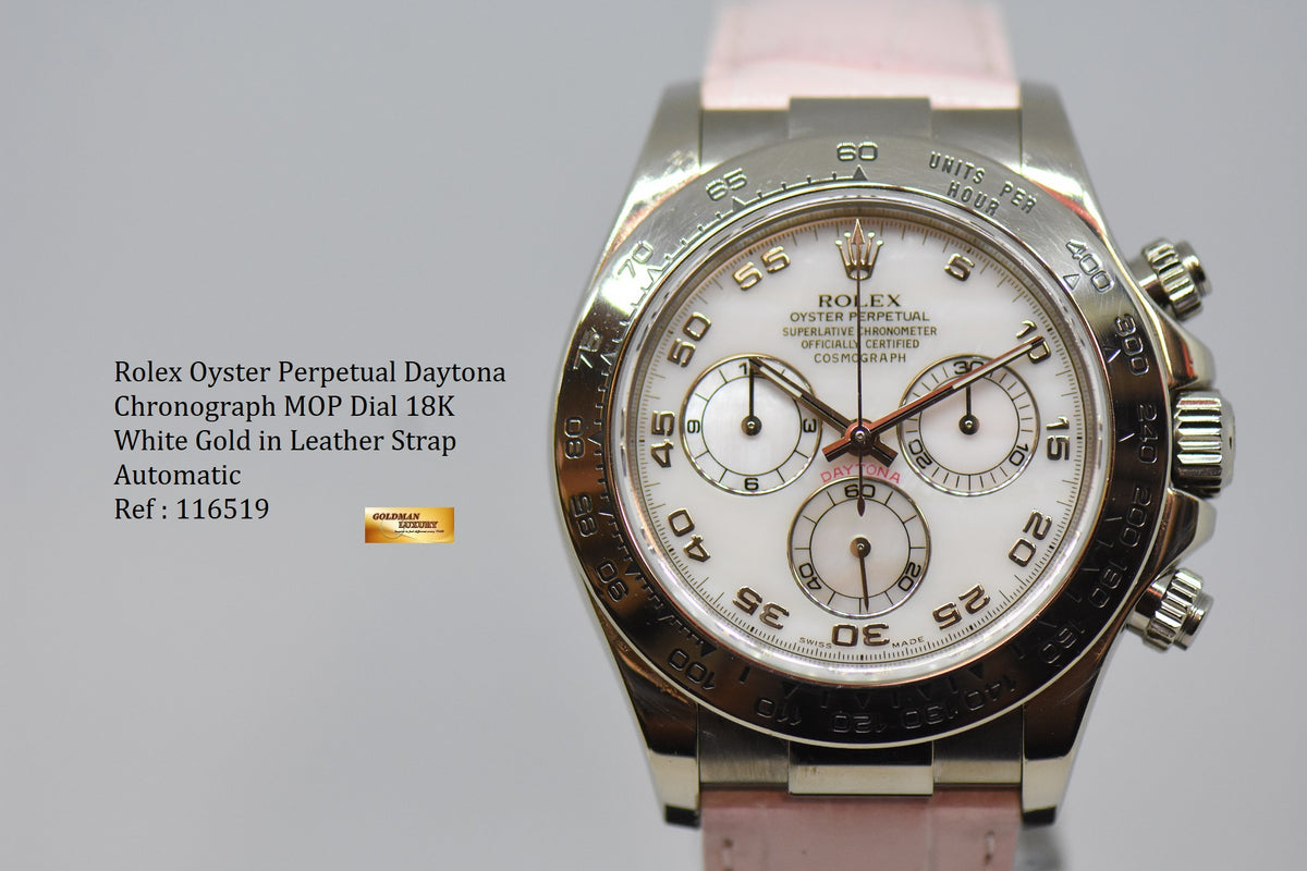 [SOLD] ROLEX OYSTER PERPETUAL DAYTONA CHRONOGRAPH 40mm MOP DIAL WHITE GOLD IN LEATHER STRAP 116519 (MINT)