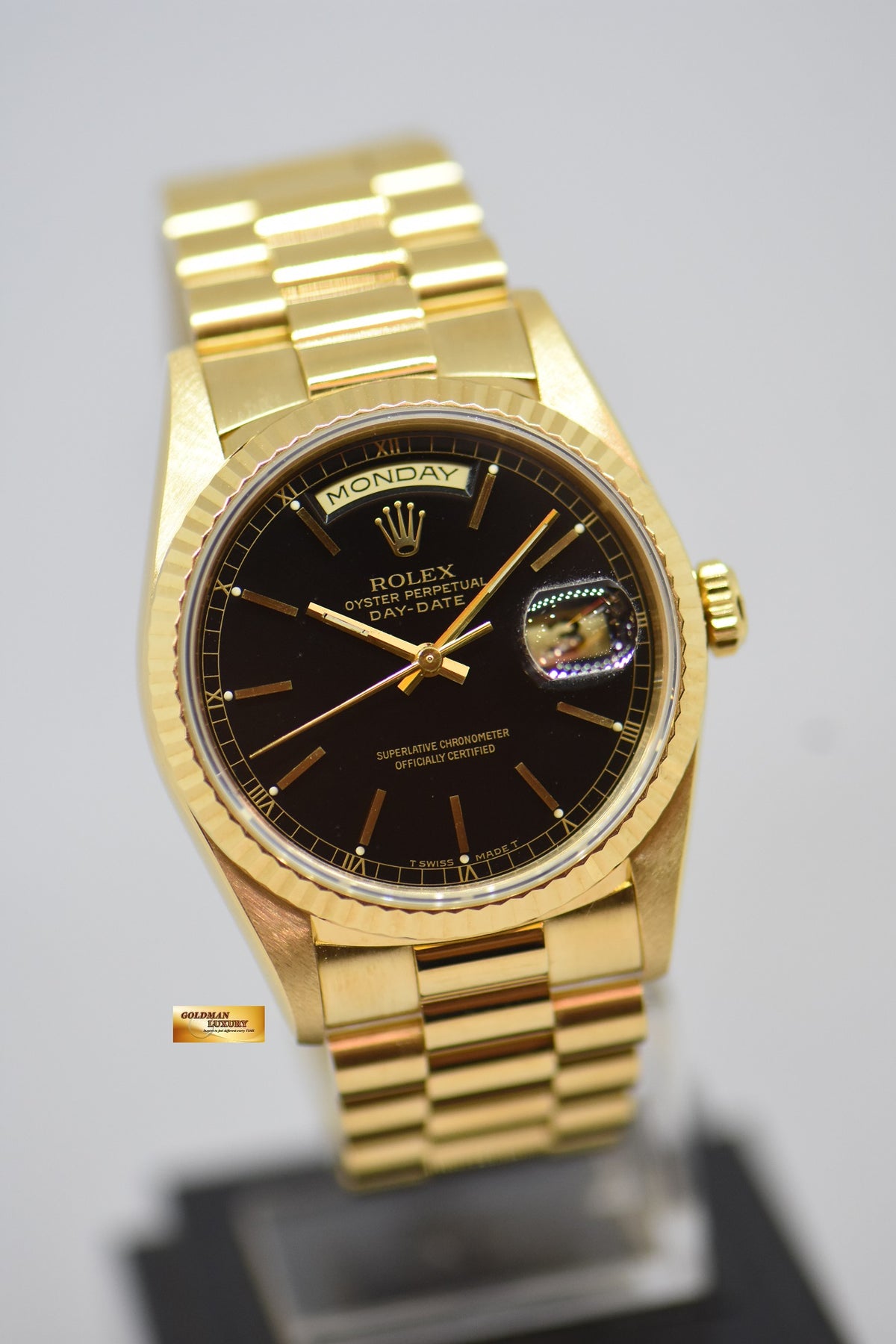 [SOLD] ROLEX OYSTER 36mm DAY-DATE PRESIDENT YELLOW GOLD BLACK DIAL AUTOMATIC 18238 (DOUBLE-QUICKSET DAY-DATE) (MINT)