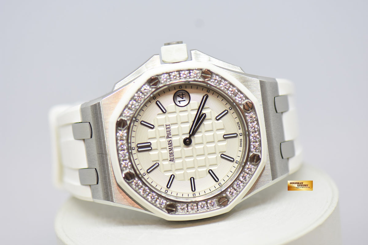 [SOLD] AUDEMARS PIGUET ROYAL OAK OFFSHORE LADIES 37mm DIAMOND RUBBER BEZEL WHITE QUARTZ 67540SK (MINT)