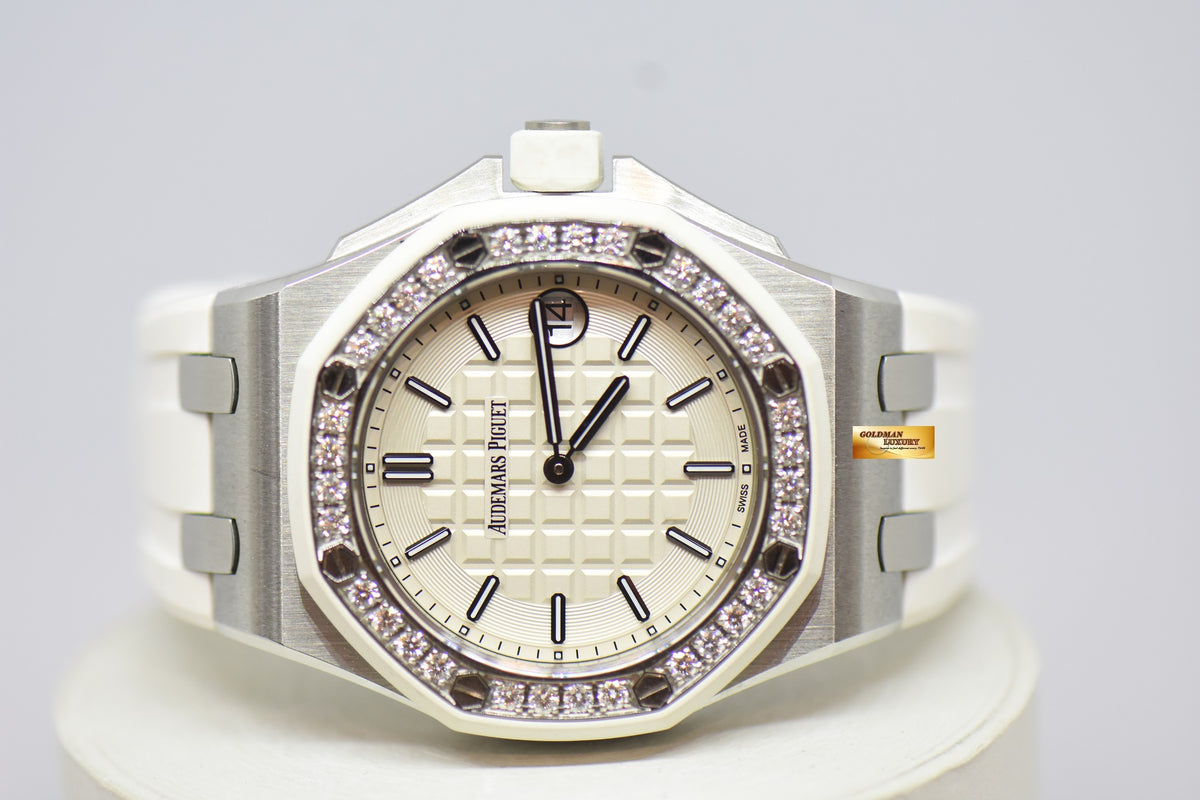 [SOLD] AUDEMARS PIGUET ROYAL OAK OFFSHORE LADIES 37mm DIAMOND RUBBER BEZEL WHITE QUARTZ 67540SK (MINT)