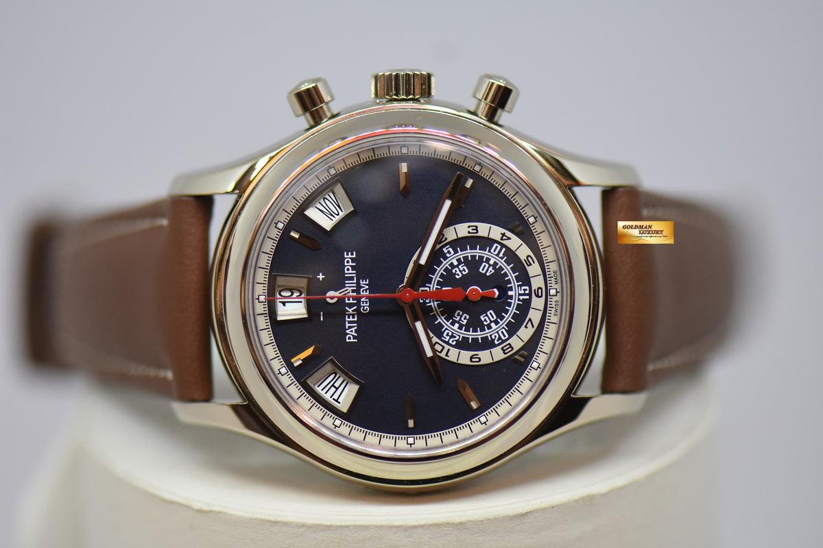 [SOLD] PATEK PHILIPPE ANNUAL CALENDAR FLYBACK CHRONOGRAPH WHITE GOLD IN LEATHER STRAP BLUE DIAL AUTOMATIC 5960G (NEW-UNWORN)