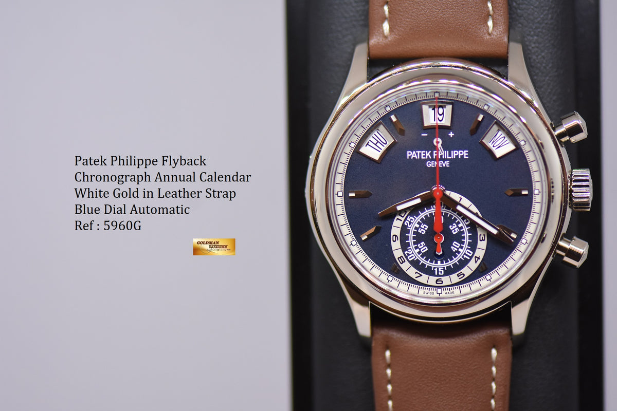 [SOLD] PATEK PHILIPPE ANNUAL CALENDAR FLYBACK CHRONOGRAPH WHITE GOLD IN LEATHER STRAP BLUE DIAL AUTOMATIC 5960G (NEW-UNWORN)