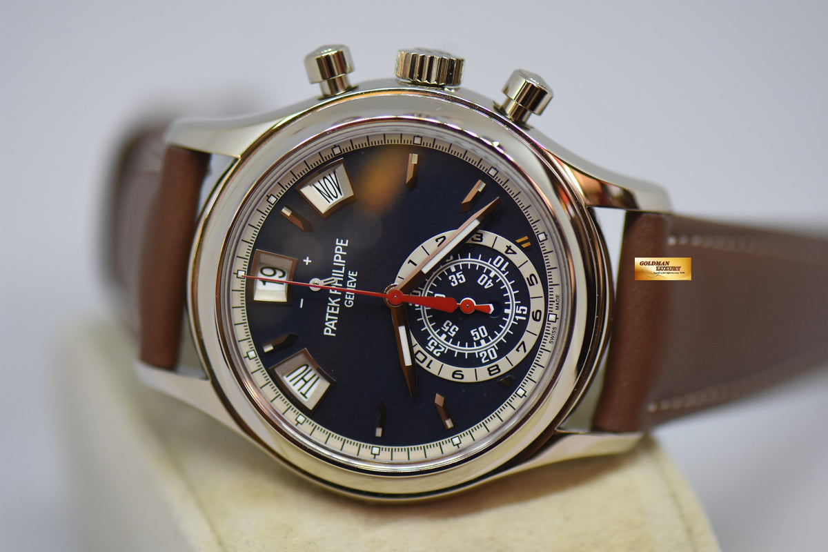 [SOLD] PATEK PHILIPPE ANNUAL CALENDAR FLYBACK CHRONOGRAPH WHITE GOLD IN LEATHER STRAP BLUE DIAL AUTOMATIC 5960G (NEW-UNWORN)