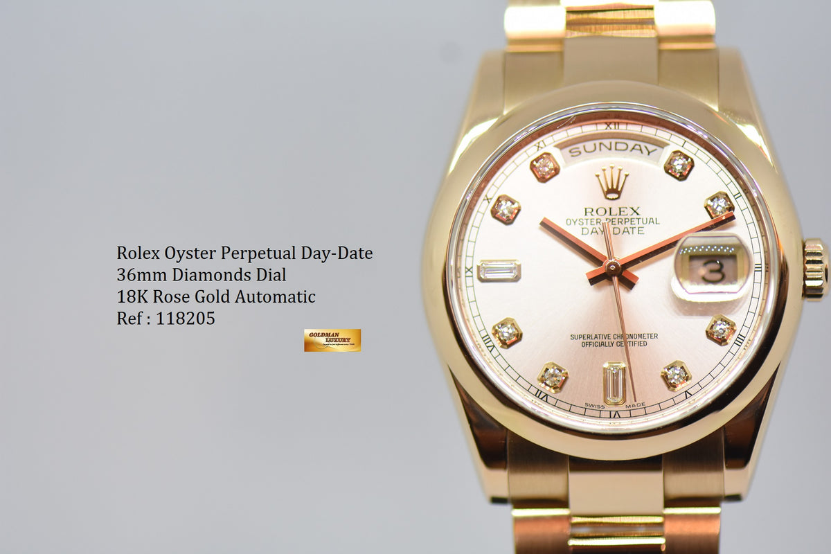 [SOLD] ROLEX OYSTER PERPETUAL DAY-DATE 36mm PINK DIAMOND DIAL 18K ROSE GOLD OYSTER BRACELET 118205 (MINT)