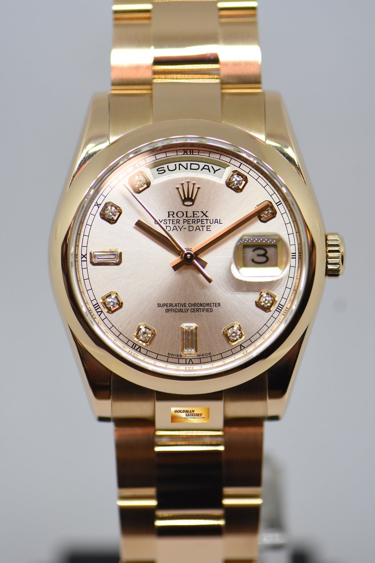 [SOLD] ROLEX OYSTER PERPETUAL DAY-DATE 36mm PINK DIAMOND DIAL 18K ROSE GOLD OYSTER BRACELET 118205 (MINT)