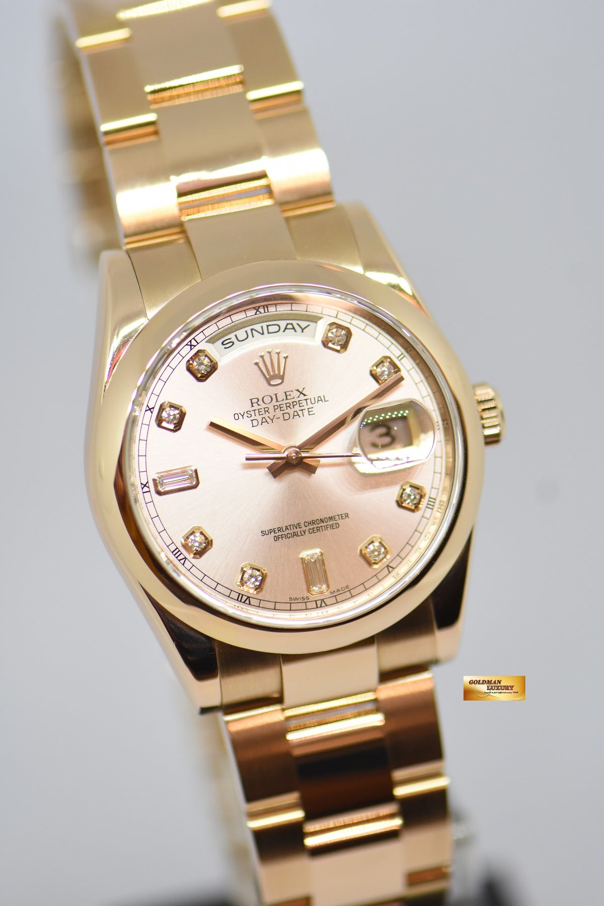 [SOLD] ROLEX OYSTER PERPETUAL DAY-DATE 36mm PINK DIAMOND DIAL 18K ROSE GOLD OYSTER BRACELET 118205 (MINT)