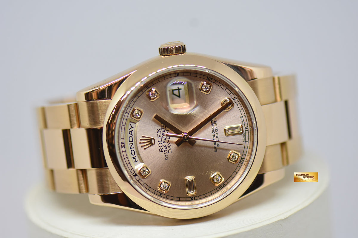 [SOLD] ROLEX OYSTER PERPETUAL DAY-DATE 36mm PINK DIAMOND DIAL 18K ROSE GOLD OYSTER BRACELET 118205 (MINT)