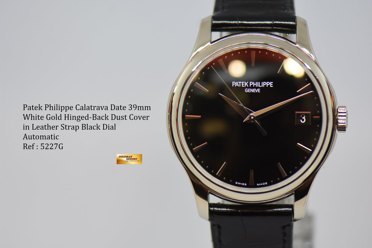 [SOLD] PATEK PHILIPPE CALATRAVA DATE 39mm WHITE GOLD HINGED-BACK DUST COVER IN LEATHER STRAP AUTOMATIC 5227G (MINT)