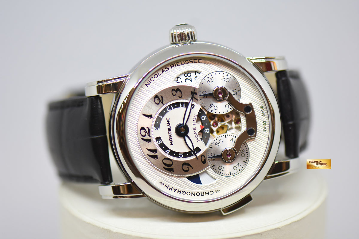 [SOLD] MONT BLANC NICOLAS RIEUSSEC STEEL IN LEATHER MONOPUSHER CHRONOGRAPH WITH HOMETIME AUTOMATIC (NEAR MINT)