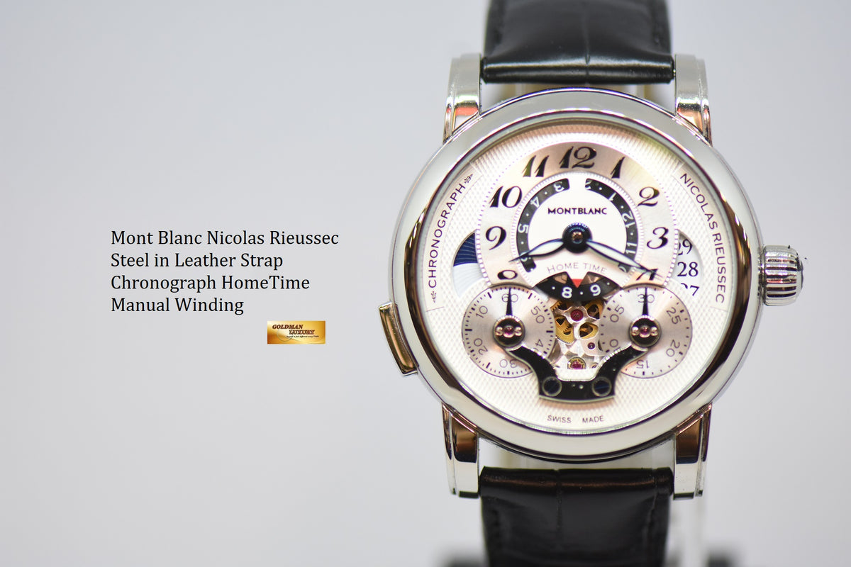 [SOLD] MONT BLANC NICOLAS RIEUSSEC STEEL IN LEATHER MONOPUSHER CHRONOGRAPH WITH HOMETIME AUTOMATIC (NEAR MINT)