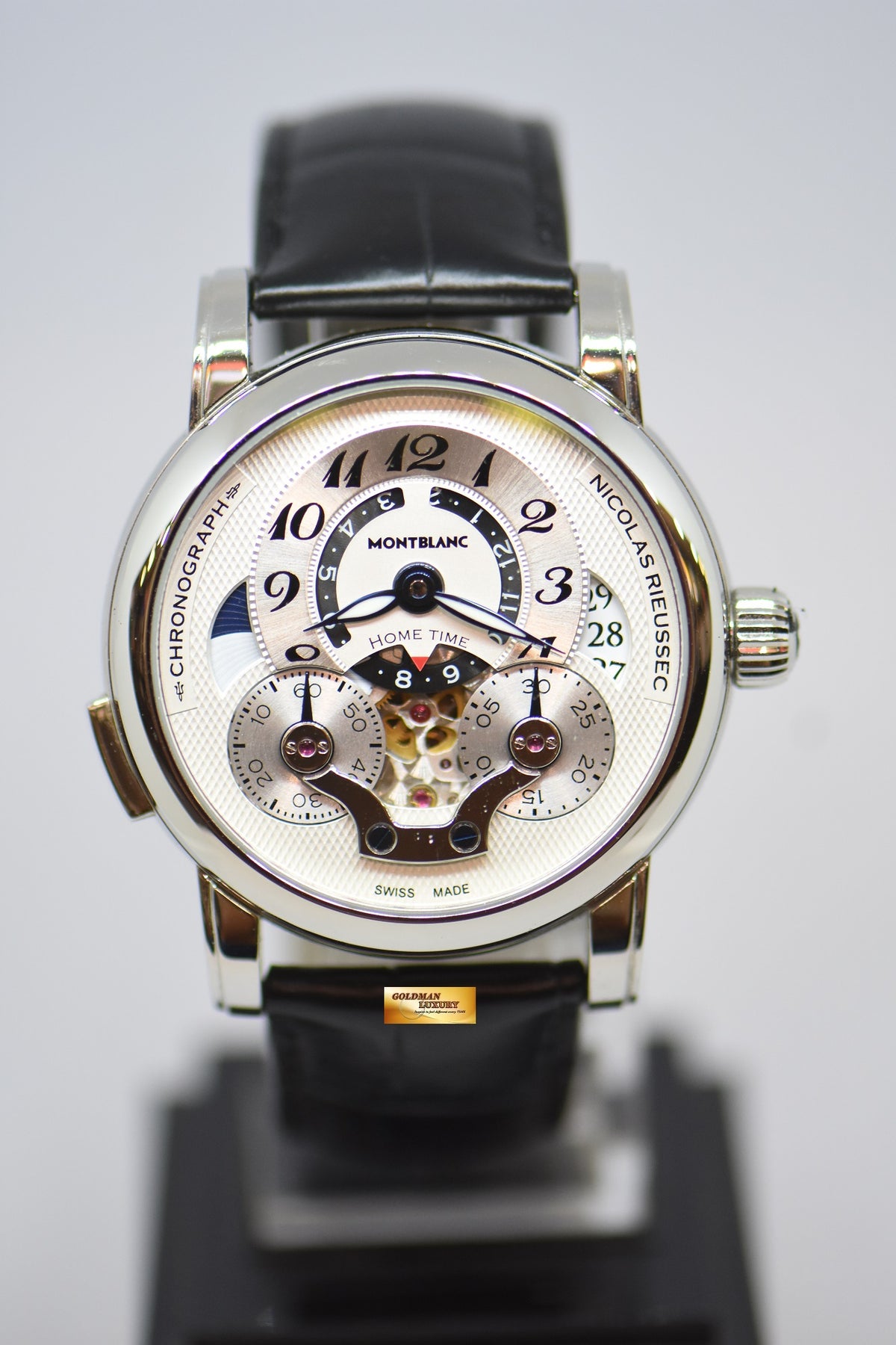 [SOLD] MONT BLANC NICOLAS RIEUSSEC STEEL IN LEATHER MONOPUSHER CHRONOGRAPH WITH HOMETIME AUTOMATIC (NEAR MINT)