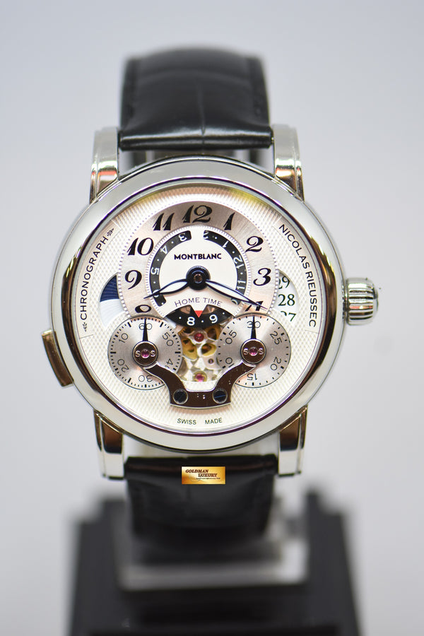 [SOLD] MONT BLANC NICOLAS RIEUSSEC STEEL IN LEATHER MONOPUSHER CHRONOGRAPH WITH HOMETIME AUTOMATIC (NEAR MINT)