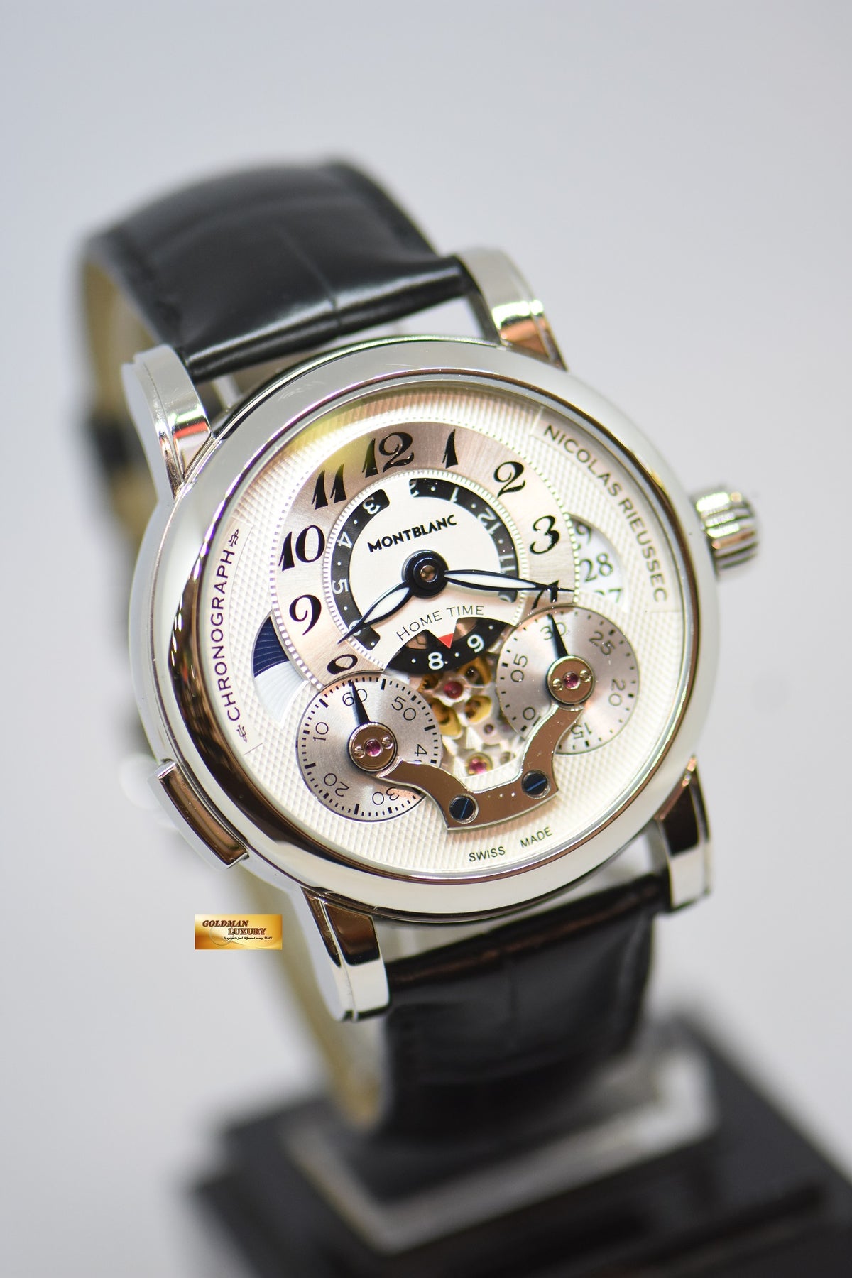 [SOLD] MONT BLANC NICOLAS RIEUSSEC STEEL IN LEATHER MONOPUSHER CHRONOGRAPH WITH HOMETIME AUTOMATIC (NEAR MINT)
