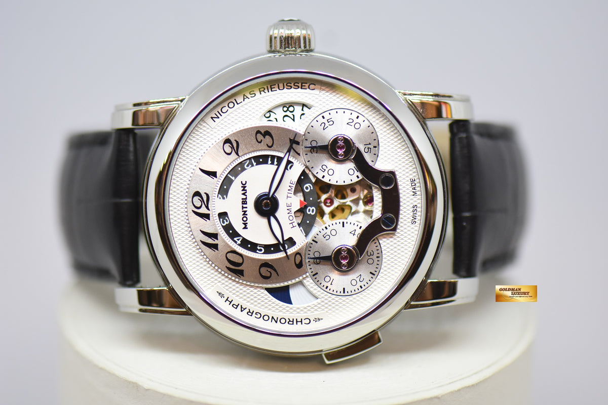 [SOLD] MONT BLANC NICOLAS RIEUSSEC STEEL IN LEATHER MONOPUSHER CHRONOGRAPH WITH HOMETIME AUTOMATIC (NEAR MINT)