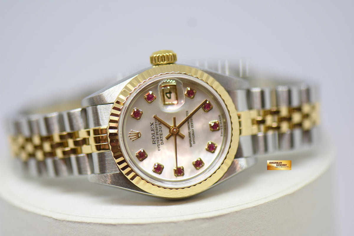 [SOLD] ROLEX OYSTER PERPETUAL DATEJUST 26mm MOP RED RUBY MARKERS DIAL HALF GOLD IN JUBILEE BRACELET 79173 (MINT)
