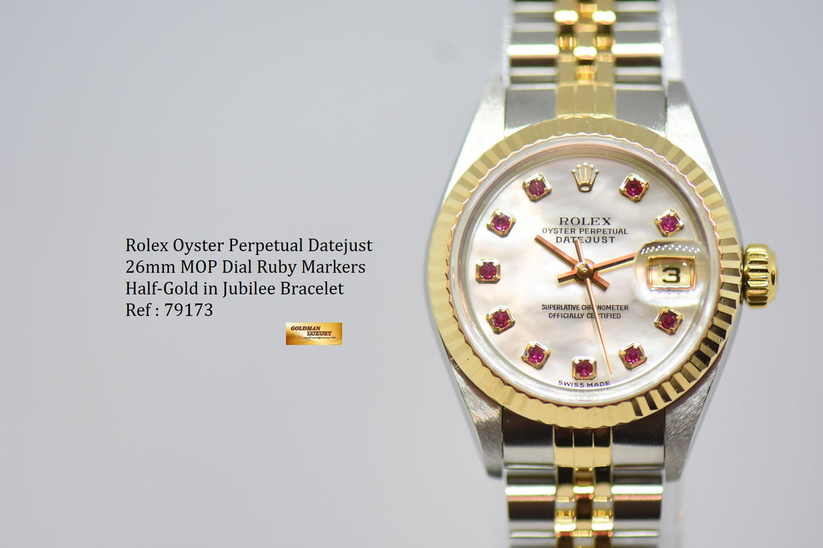 [SOLD] ROLEX OYSTER PERPETUAL DATEJUST 26mm MOP RED RUBY MARKERS DIAL HALF GOLD IN JUBILEE BRACELET 79173 (MINT)