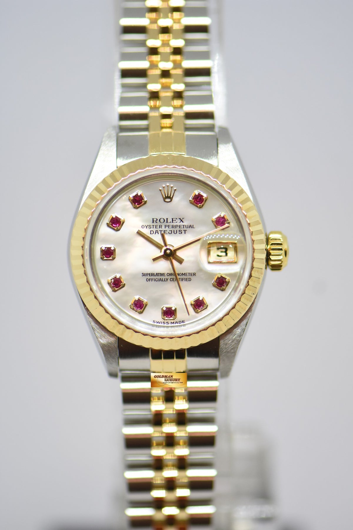 [SOLD] ROLEX OYSTER PERPETUAL DATEJUST 26mm MOP RED RUBY MARKERS DIAL HALF GOLD IN JUBILEE BRACELET 79173 (MINT)
