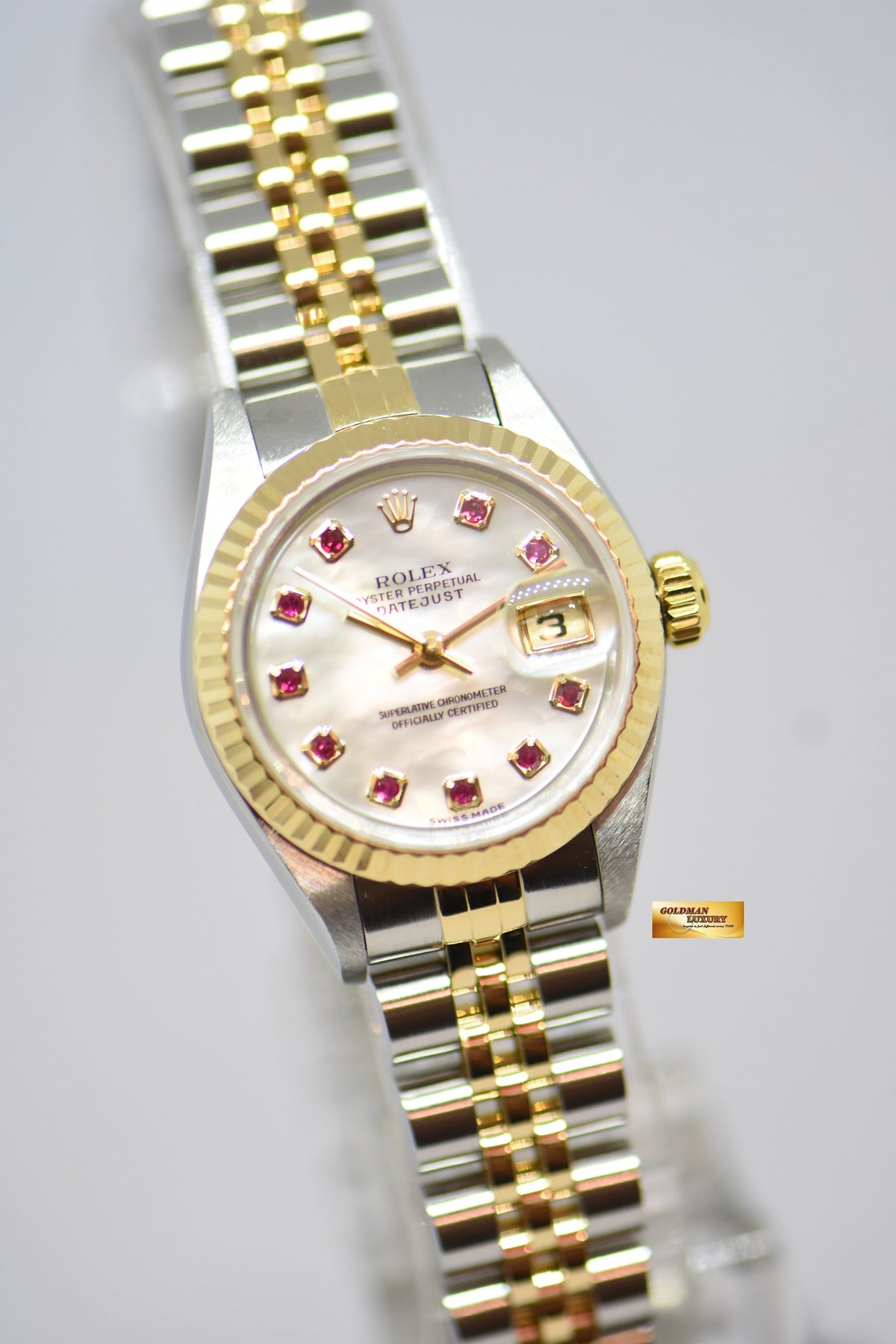 [SOLD] ROLEX OYSTER PERPETUAL DATEJUST 26mm MOP RED RUBY MARKERS DIAL HALF GOLD IN JUBILEE BRACELET 79173 (MINT)