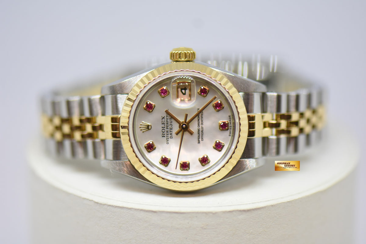 [SOLD] ROLEX OYSTER PERPETUAL DATEJUST 26mm MOP RED RUBY MARKERS DIAL HALF GOLD IN JUBILEE BRACELET 79173 (MINT)