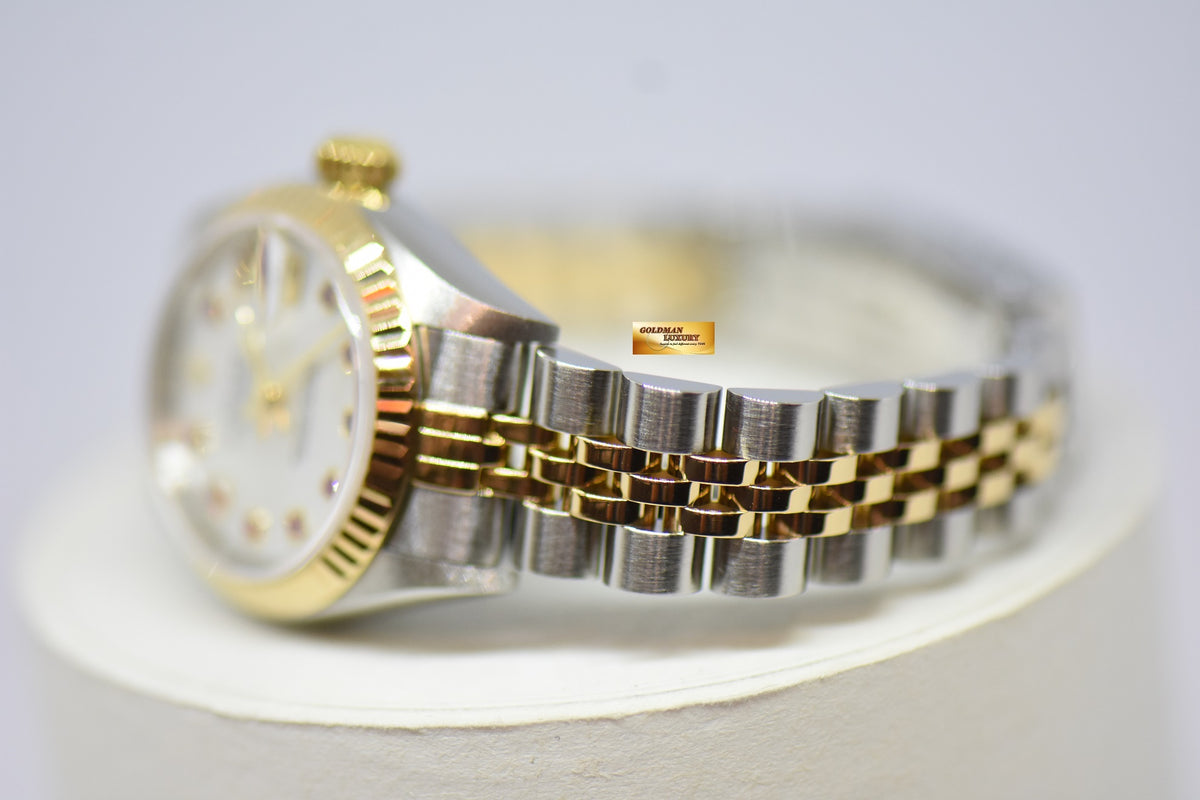 [SOLD] ROLEX OYSTER PERPETUAL DATEJUST 26mm MOP RED RUBY MARKERS DIAL HALF GOLD IN JUBILEE BRACELET 79173 (MINT)