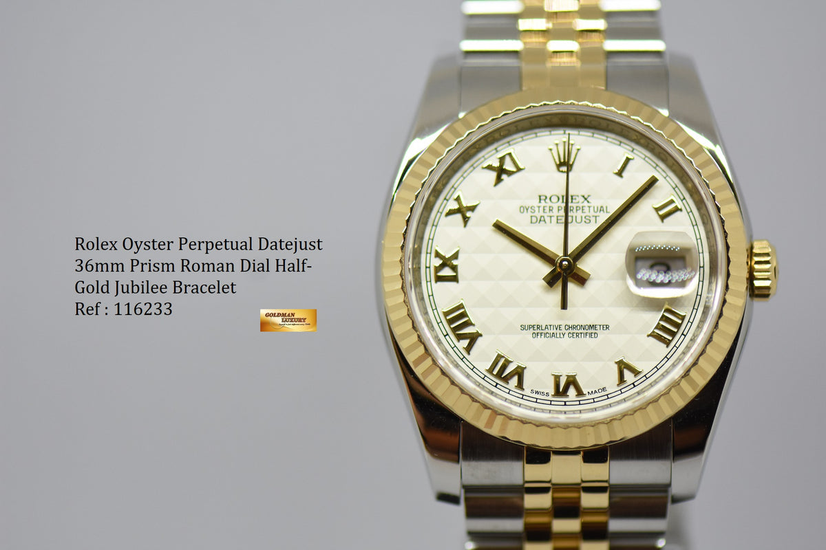 [SOLD] ROLEX OYSTER PERPETUAL DATEJUST 36mm PRISM ROMAN DIAL HALF GOLD IN JUBILEE BRACELET 116233 (MINT)