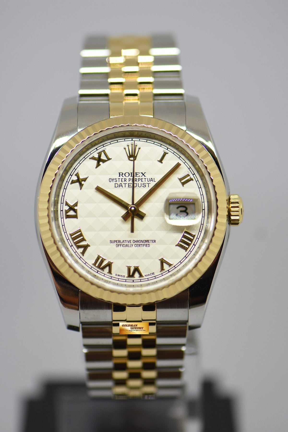 [SOLD] ROLEX OYSTER PERPETUAL DATEJUST 36mm PRISM ROMAN DIAL HALF GOLD IN JUBILEE BRACELET 116233 (MINT)