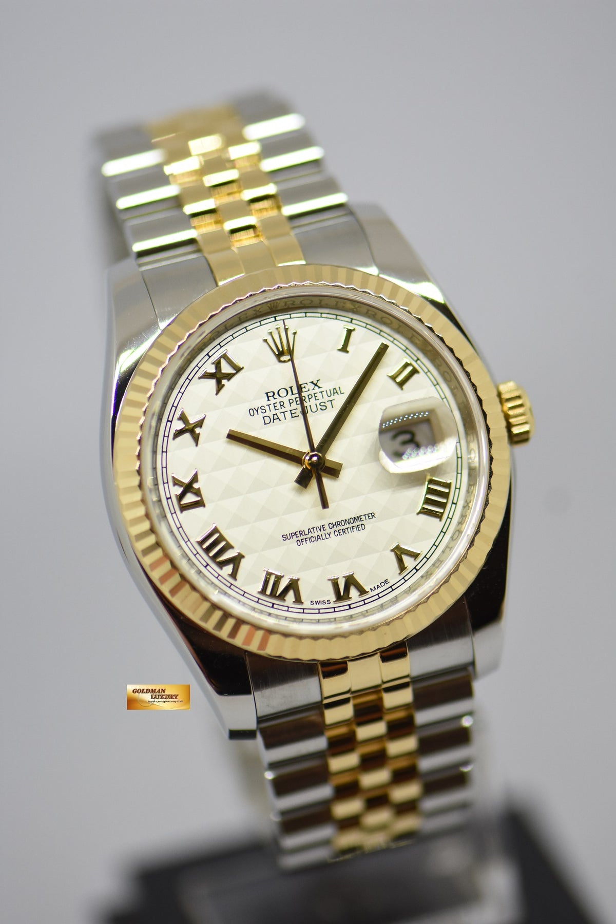 [SOLD] ROLEX OYSTER PERPETUAL DATEJUST 36mm PRISM ROMAN DIAL HALF GOLD IN JUBILEE BRACELET 116233 (MINT)