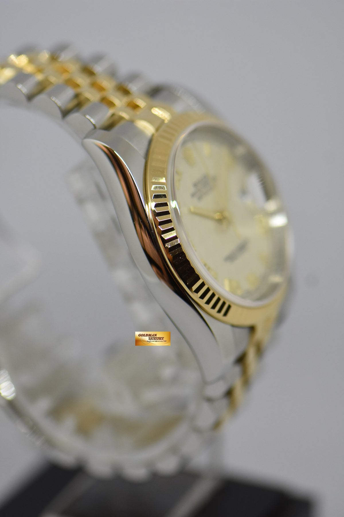 [SOLD] ROLEX OYSTER PERPETUAL DATEJUST 36mm PRISM ROMAN DIAL HALF GOLD IN JUBILEE BRACELET 116233 (MINT)