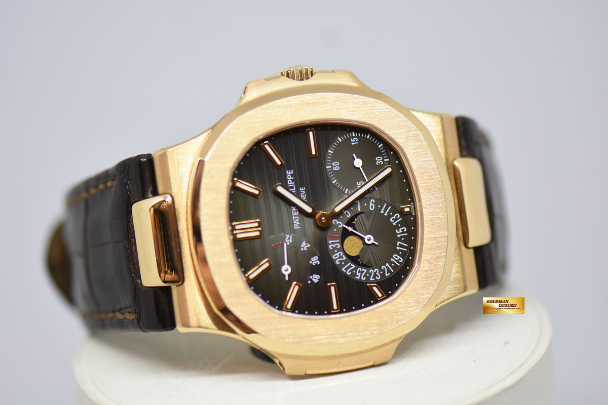[SOLD] PATEK PHILIPPE NAUTILUS 40mm 18K ROSE GOLD IN LEATHER STRAP POWER RESERVE MOONPHASE COMPLICATION AUTOMATIC 5712R (MINT)