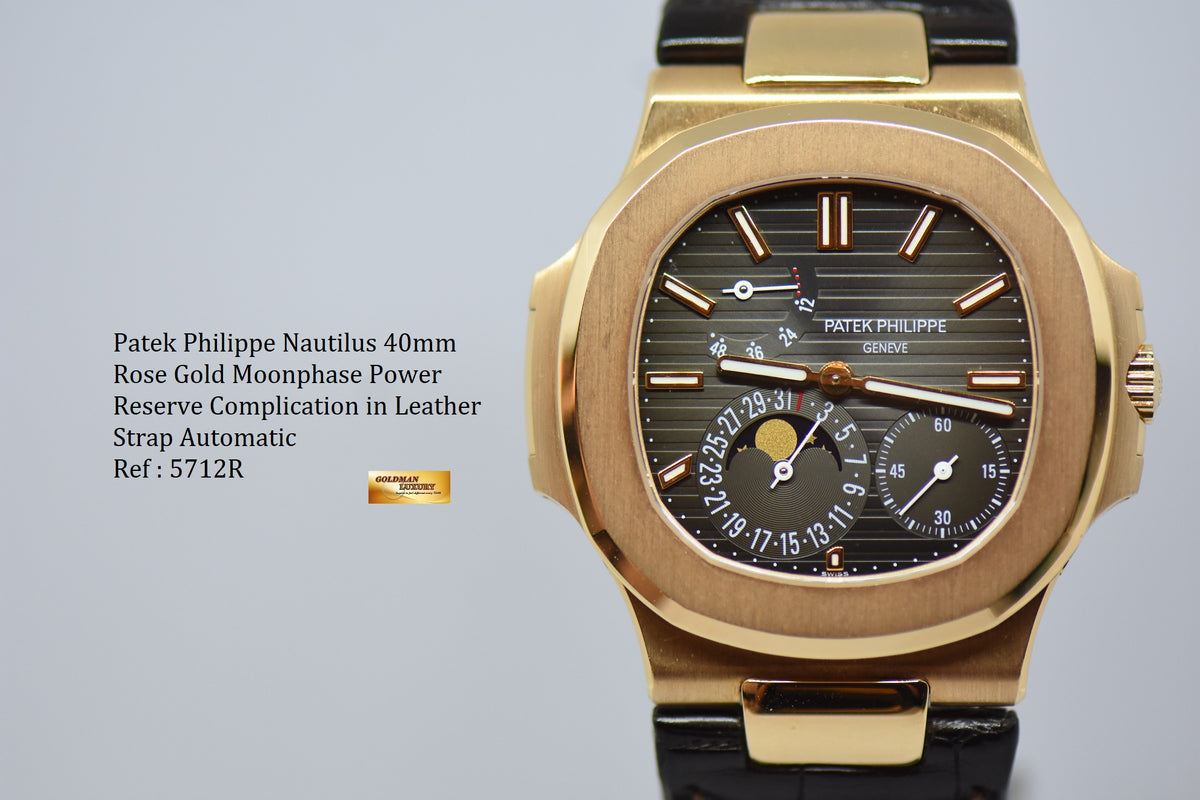 [SOLD] PATEK PHILIPPE NAUTILUS 40mm 18K ROSE GOLD IN LEATHER STRAP POWER RESERVE MOONPHASE COMPLICATION AUTOMATIC 5712R (MINT)