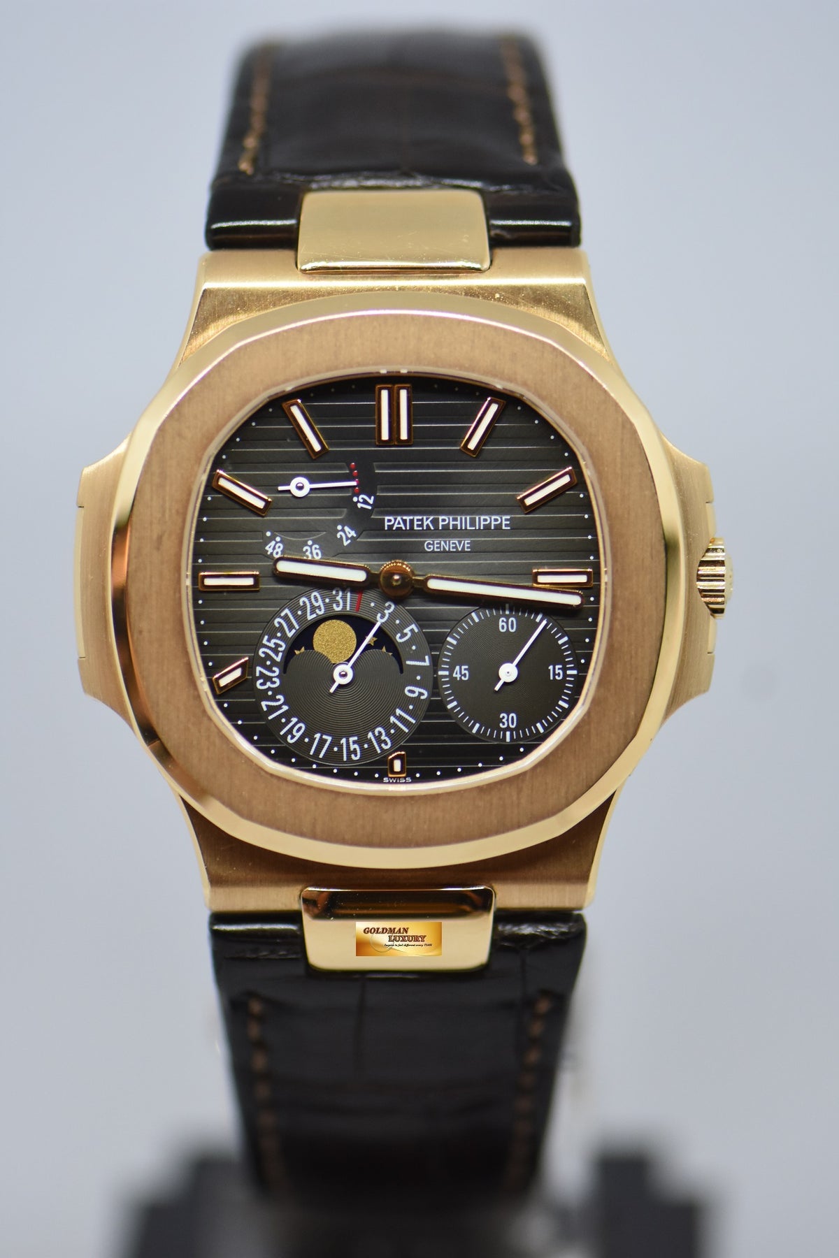 [SOLD] PATEK PHILIPPE NAUTILUS 40mm 18K ROSE GOLD IN LEATHER STRAP POWER RESERVE MOONPHASE COMPLICATION AUTOMATIC 5712R (MINT)