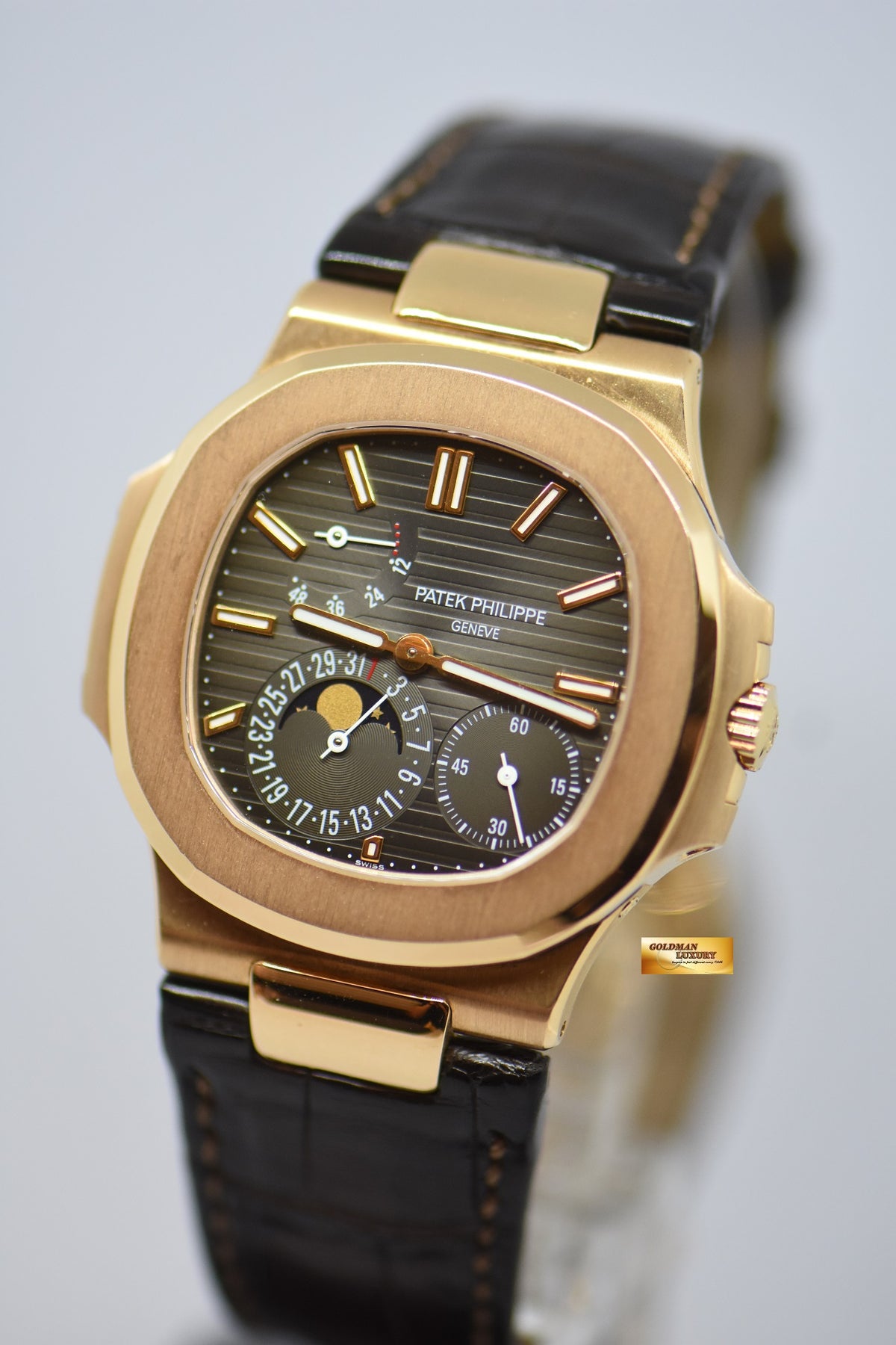 [SOLD] PATEK PHILIPPE NAUTILUS 40mm 18K ROSE GOLD IN LEATHER STRAP POWER RESERVE MOONPHASE COMPLICATION AUTOMATIC 5712R (MINT)