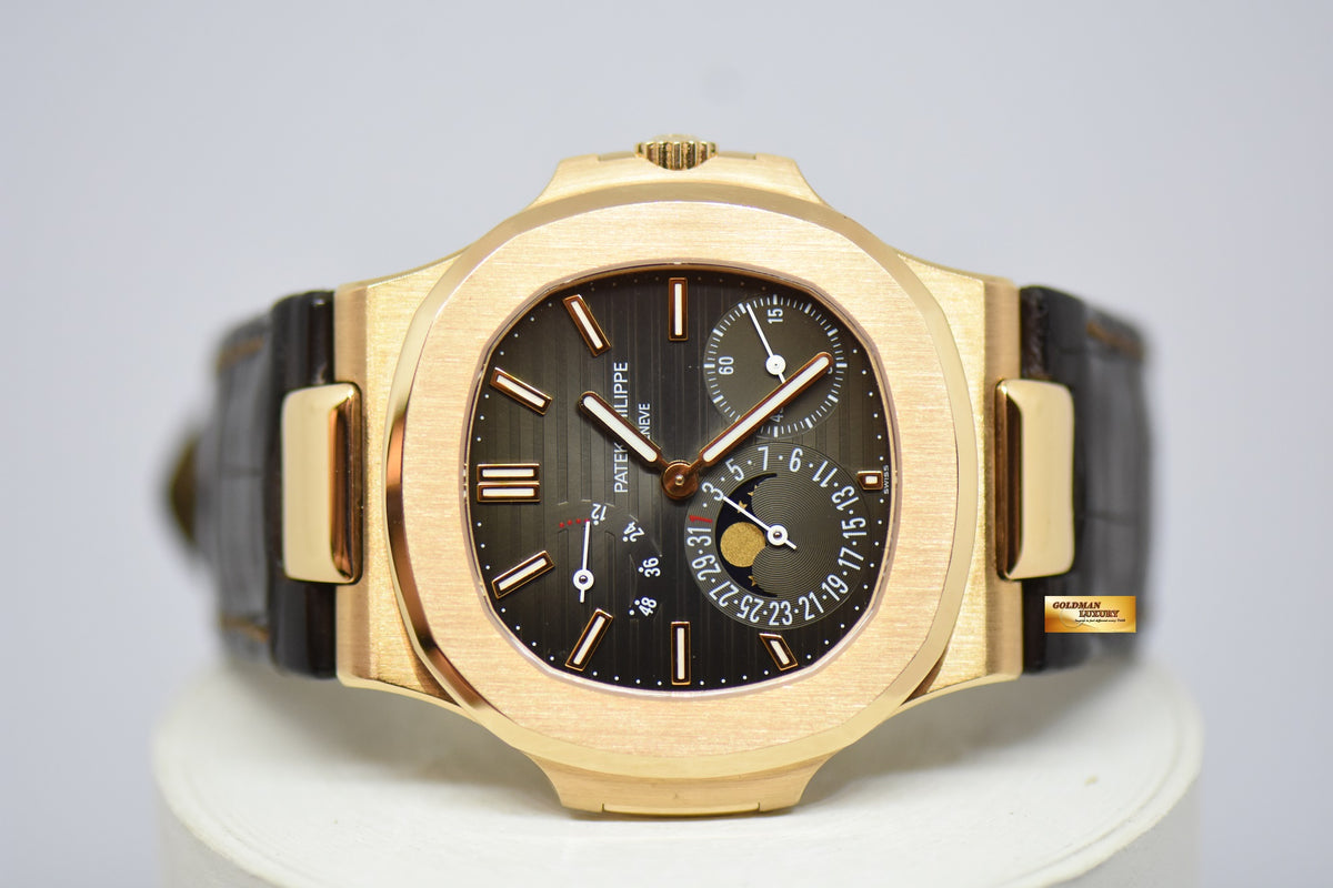 [SOLD] PATEK PHILIPPE NAUTILUS 40mm 18K ROSE GOLD IN LEATHER STRAP POWER RESERVE MOONPHASE COMPLICATION AUTOMATIC 5712R (MINT)