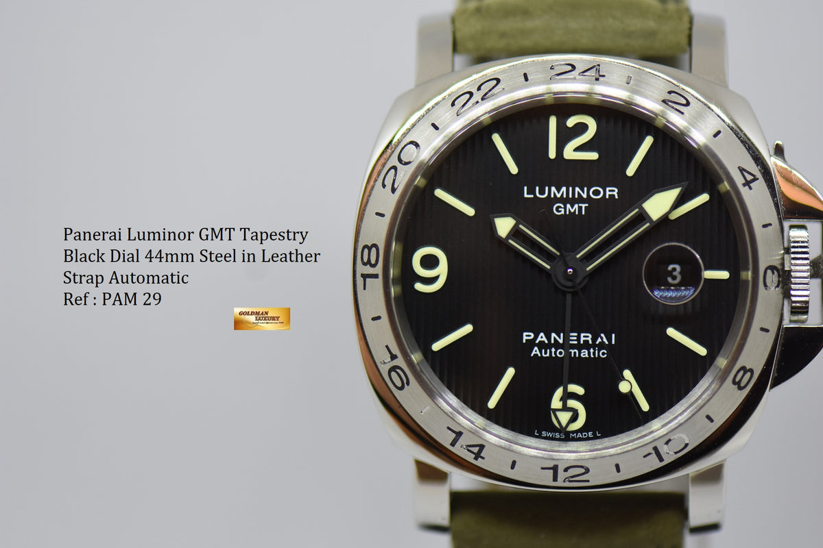 [SOLD] PANERAI LUMINOR GMT TAPESTRY DIAL 44mm STEEL IN LEATHER STRAP AUTOMATIC PAM 29 (MINT)