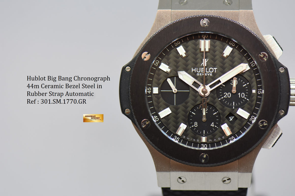 [SOLD] HUBLOT BIG BANG CHRONOGRAPH 44mm CERAMIC BEZEL STEEL IN RUBBER STRAP AUTOMATIC 301.SM.1770.GR (NEAR MINT)