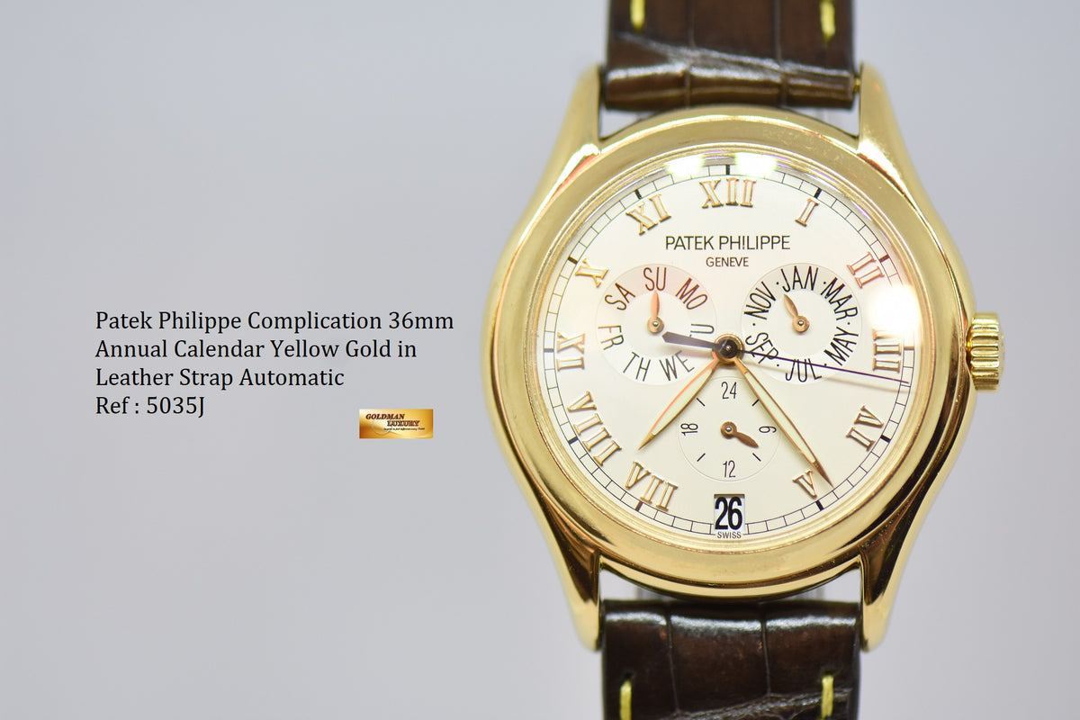 [SOLD] PATEK PHILIPPE COMPLICATION 36mm ANNUAL CALENDAR YELLOW GOLD IN LEATHER STRAP AUTOMATIC 5035J (NEAR MINT)