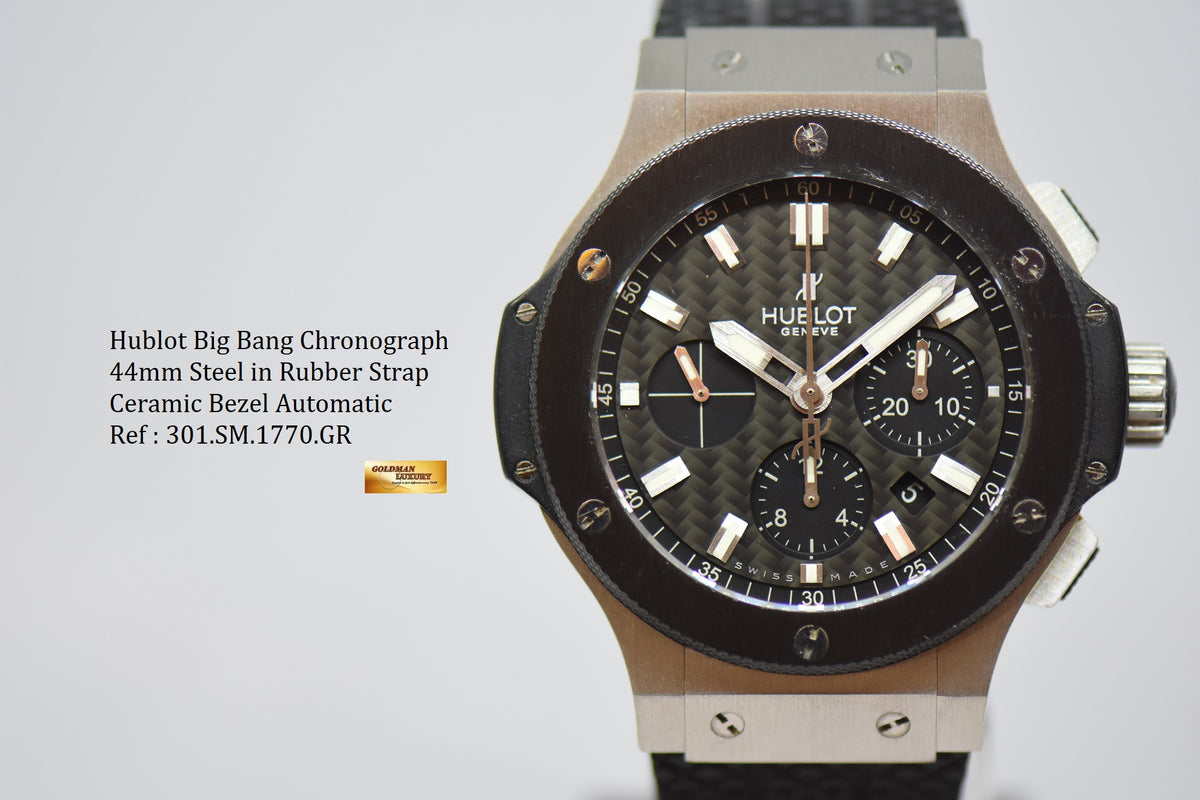 [SOLD] HUBLOT BIG BANG CHRONOGRAPH 44mm STEEL IN RUBBER STRAP CERAMIC BEZEL AUTOMATIC 301.SM.1770.GR (NEAR MINT)