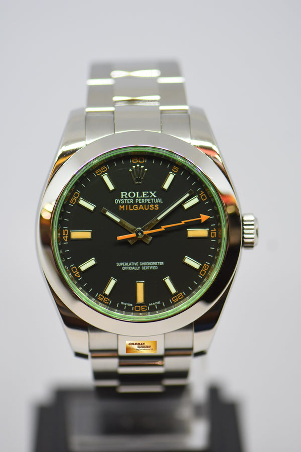 [SOLD] ROLEX OYSTER PERPETUAL MILGAUSS 40mm BLACK DIAL GREEN SAPPHIRE CRYSTAL STEEL IN OYSTER BRACELET 116400GV (MINT)