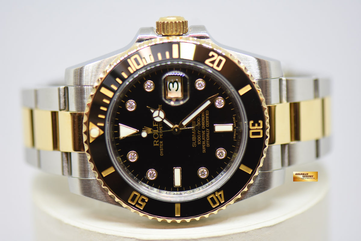 [SOLD] ROLEX OYSTER PERPETUAL SUBMARINER BLUE 40mm SERTI DIAMOND DIAL HALF-GOLD IN BRACELET BLACK CERAMIC BEZEL 116613LN (MINT)