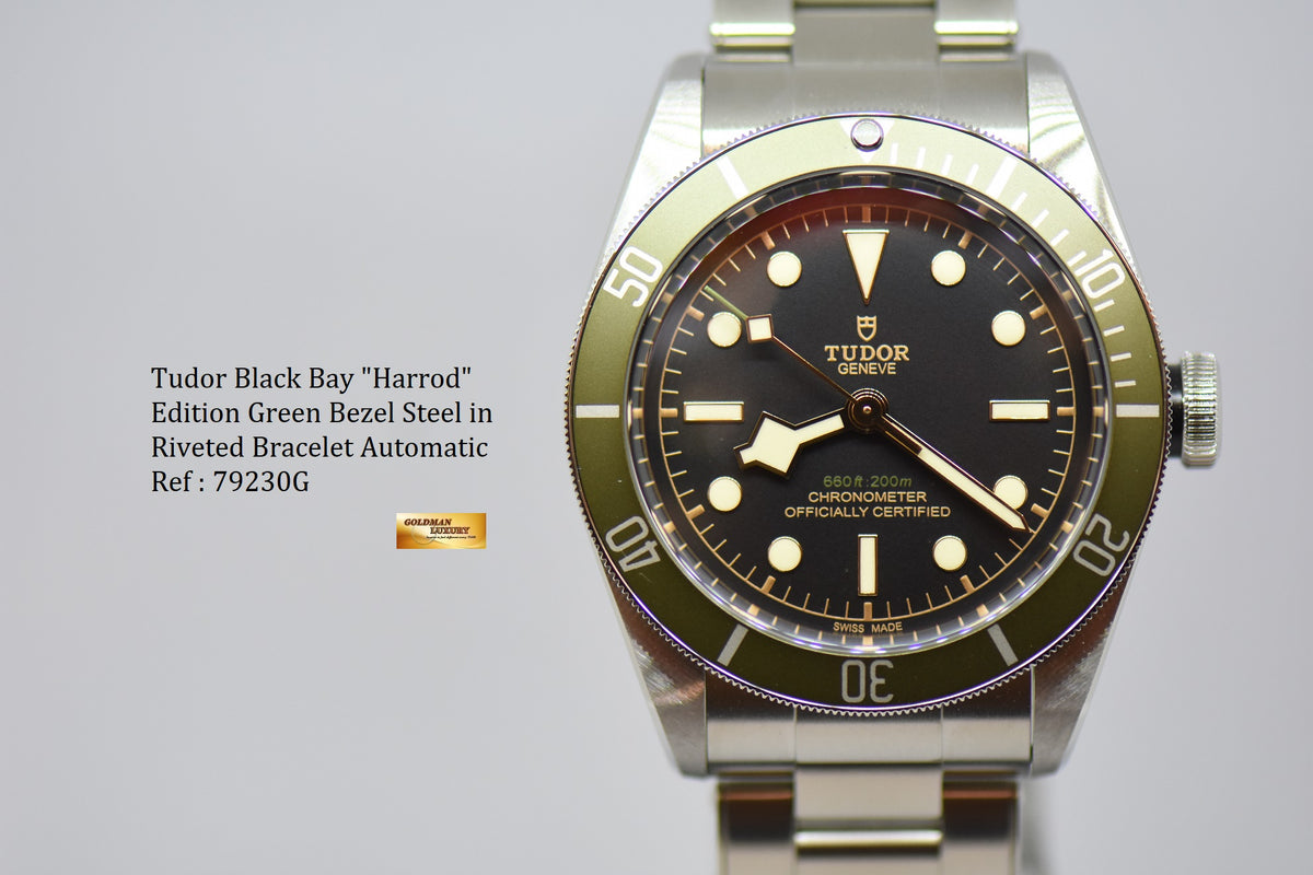 [SOLD] TUDOR HERITAGE BLACK BAY HARROD SPECIAL EDITION GREEN BEZEL STEEL IN RIVETED BRACELET 79230G (NEW-UNWORN)