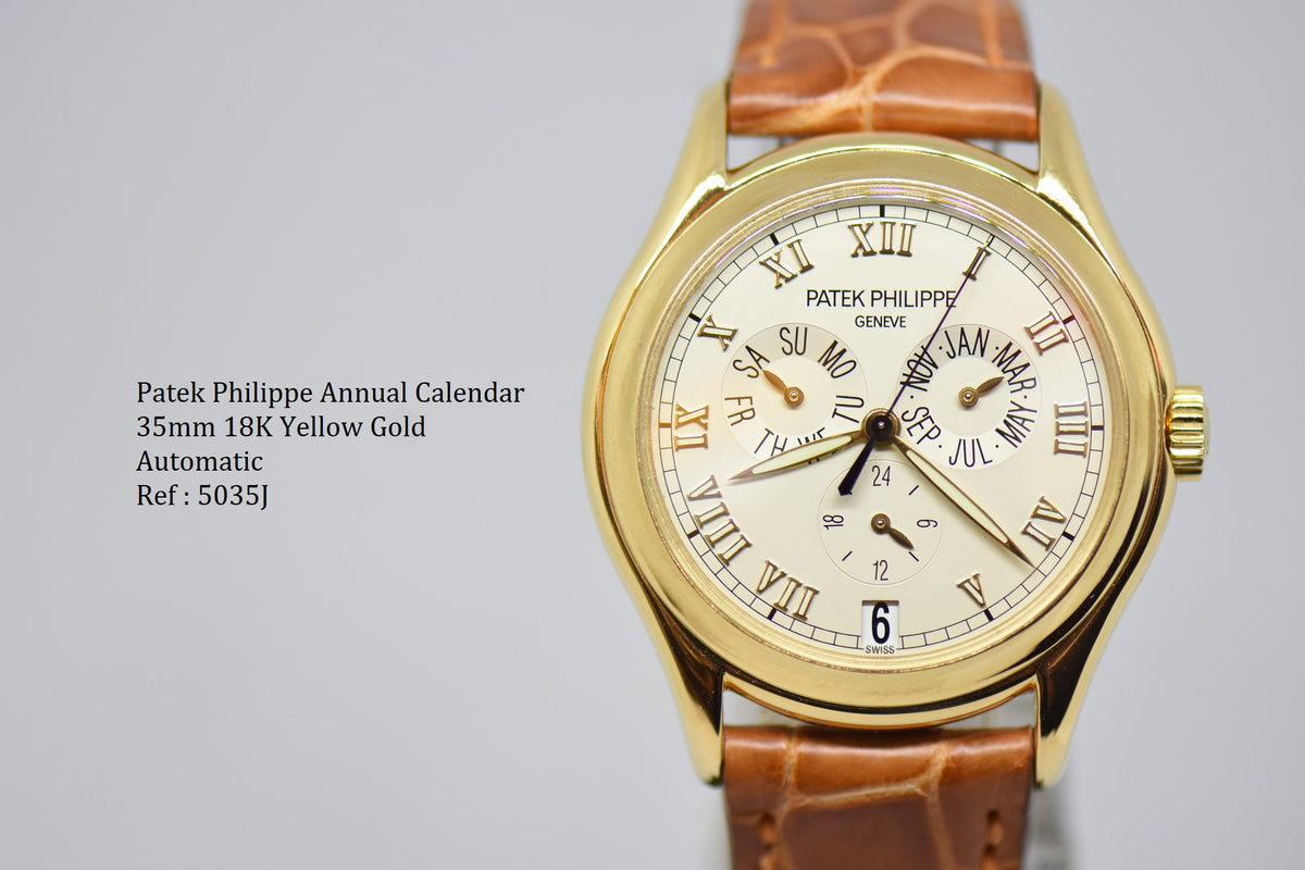 [SOLD] PATEK PHILIPPE COMPLICATION 35mm ANNUAL CALENDAR YELLOW GOLD IN LEATHER STRAP AUTOMATIC 5035J (NEAR MINT)