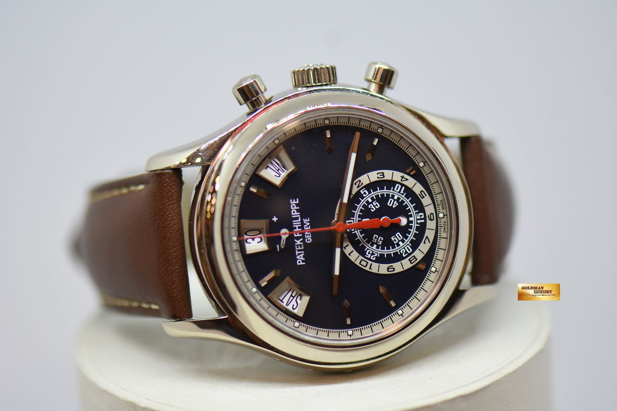[SOLD] PATEK PHILIPPE ANNUAL CALENDAR FLYBACK CHRONOGRAPH WHITE GOLD IN LEATHER STRAP BLUE DIAL AUTOMATIC 5960G (NEAR MINT)