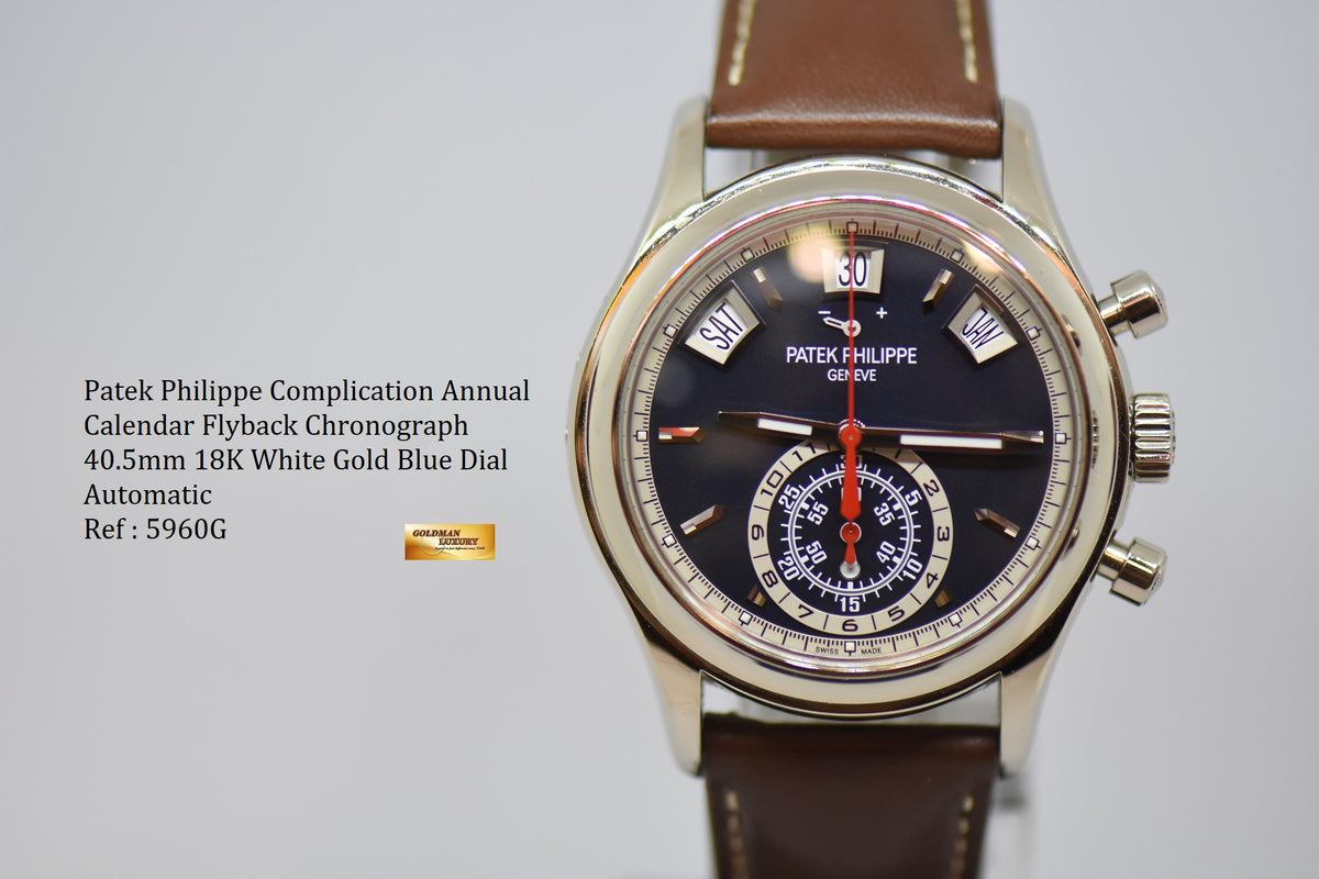 [SOLD] PATEK PHILIPPE ANNUAL CALENDAR FLYBACK CHRONOGRAPH WHITE GOLD IN LEATHER STRAP BLUE DIAL AUTOMATIC 5960G (NEAR MINT)