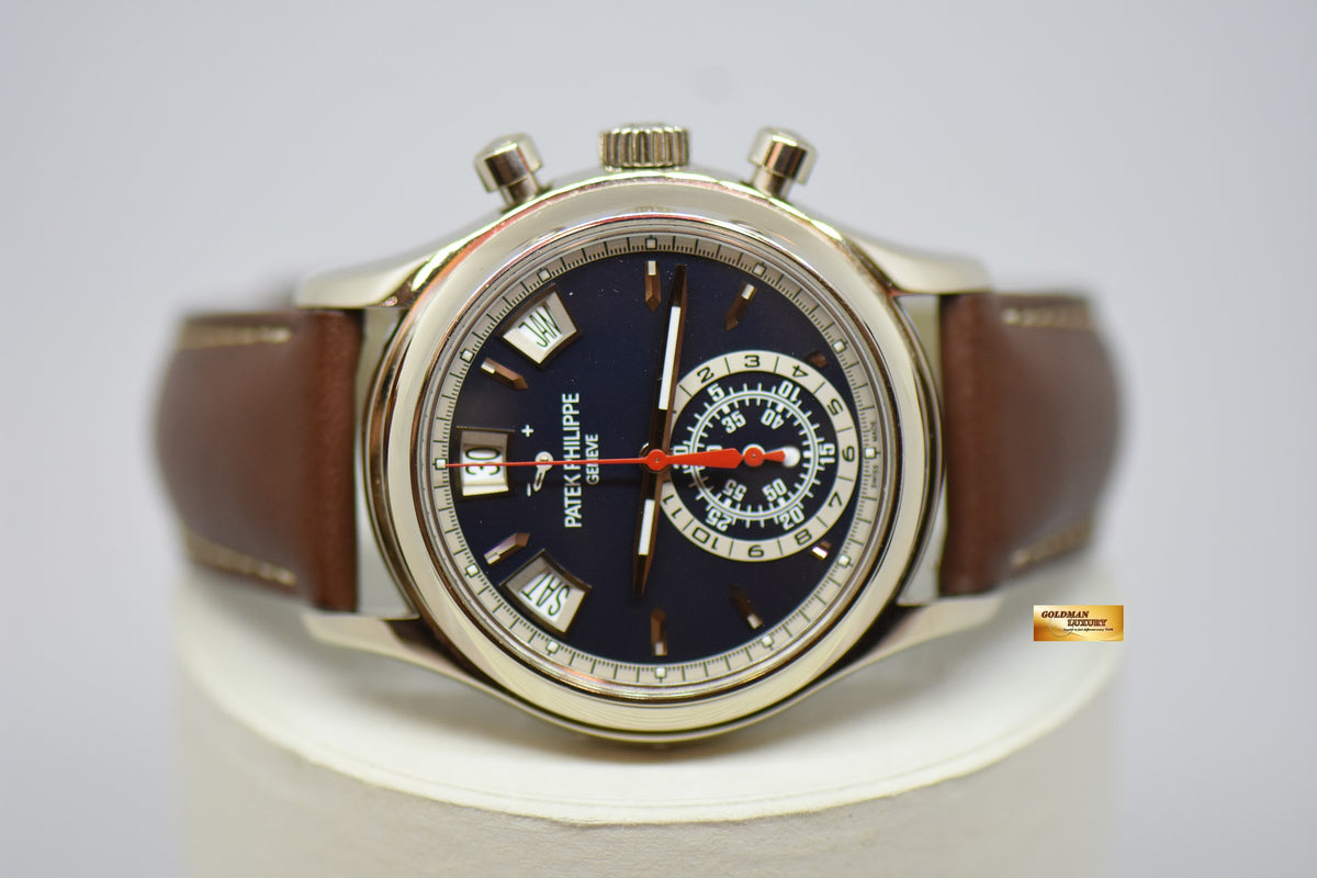 [SOLD] PATEK PHILIPPE ANNUAL CALENDAR FLYBACK CHRONOGRAPH WHITE GOLD IN LEATHER STRAP BLUE DIAL AUTOMATIC 5960G (NEAR MINT)
