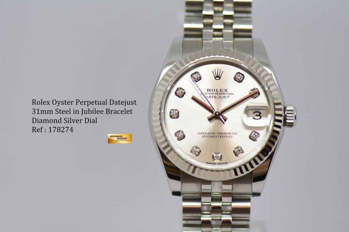 [SOLD] ROLEX OYSTER DATEJUST 31mm SILVER DIAMOND DIAL STAINLESS STEEL JUBILEE BRACELET 178274 (MINT)