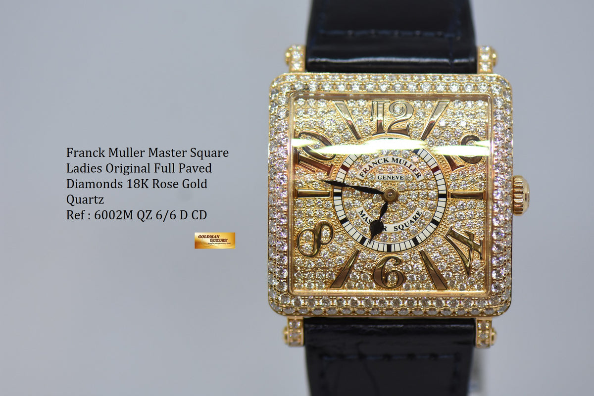 [SOLD] FRANCK MULLER MASTER SQUARE LADIES ORIGINAL FACTORY FULL PAVED DIAMONDS 18K ROSE GOLD QUARTZ 6002M QZ D CD (MINT)