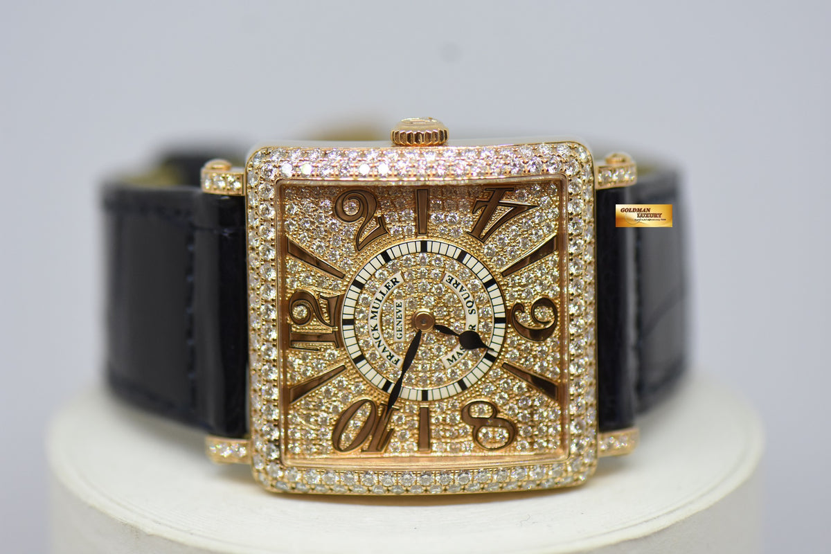 [SOLD] FRANCK MULLER MASTER SQUARE LADIES ORIGINAL FACTORY FULL PAVED DIAMONDS 18K ROSE GOLD QUARTZ 6002M QZ D CD (MINT)